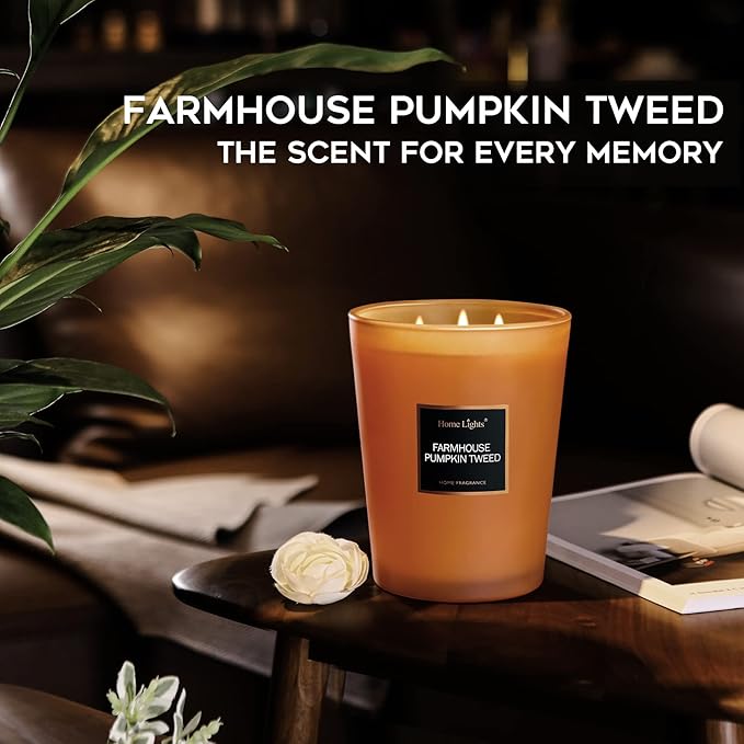 HomeLights Highly Scented Candles, Big 33.3 oz for Home, Natural Soy Aromatherapy Candles, Smokeless Long Lasting 130h with 3 Cotton Wicks, Candles Gifts for Women & Men - Farmhouse Pumpkin Tweed