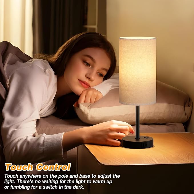 Tall Touch Bedside Table Lamp with USB - 3 Way Dimmable Black Lamps for Bedroom Nightstand, Desk Lamp with Black Charging Station for Dorm, Office, Kids Room