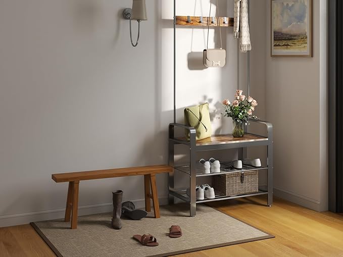 Handmade Solid Wood Noodle Bench 45 in Long Farmhouse Bench for End of Bed Entryway Slim Shoe Storage Stool Entry Stool Hallway Dining Farmhouse or Living Room