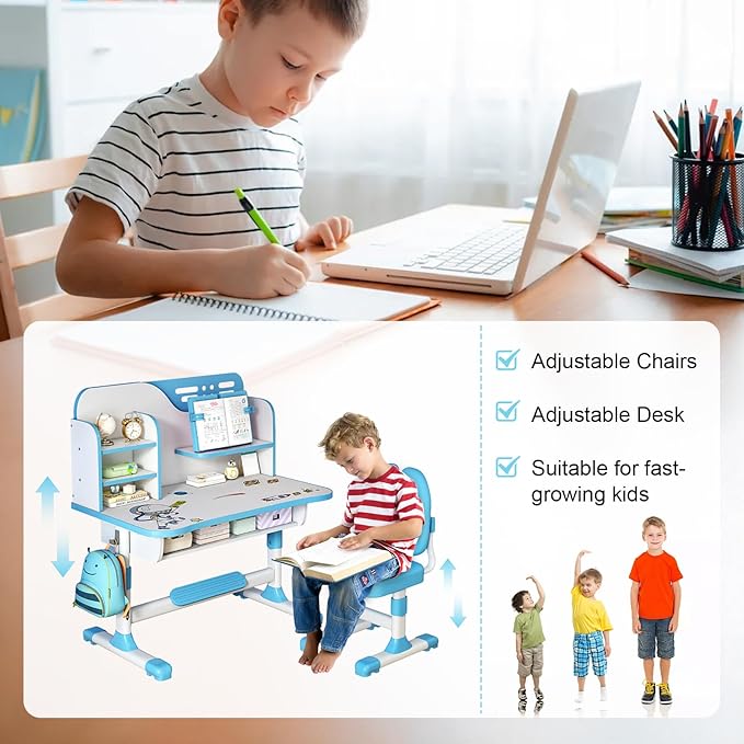 Kids Study Desk and Chair Set, Height Adjustable Kids Table and Chairs, Desk for Bedroom, Children School Study Writing Tables with Large Writing Board, Ideal Gifts for Boys Girls