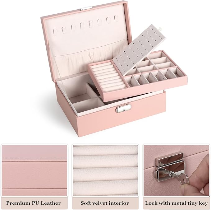 Jewelry Box for Women Girls, 2 Layers Jewelry Organizer Container with Lock, PU Leather Storage Case with Removable Tray, Jewelry Display Box for Necklaces Earrings Bracelets Rings Watches (Pink)