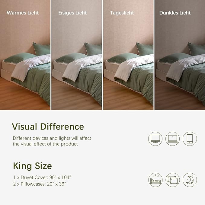 MILDLY 100% Washed Cotton White and Green Reversible Duvet Cover Set King Size Casual Design Soft Bedding Set 2 Pillow Cases + 1 Duvet Cover with Zipper & Corner Ties