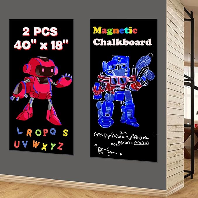 2 Pcs Magnetic Chalkboard Contact Paper for Wall 40"x18" Self Adhesive Magnetic Blackboard Sticker with 53 Magnet Letter for Kids, Black Chalk Board Wallpaper Roll Magnet Bulletin Board