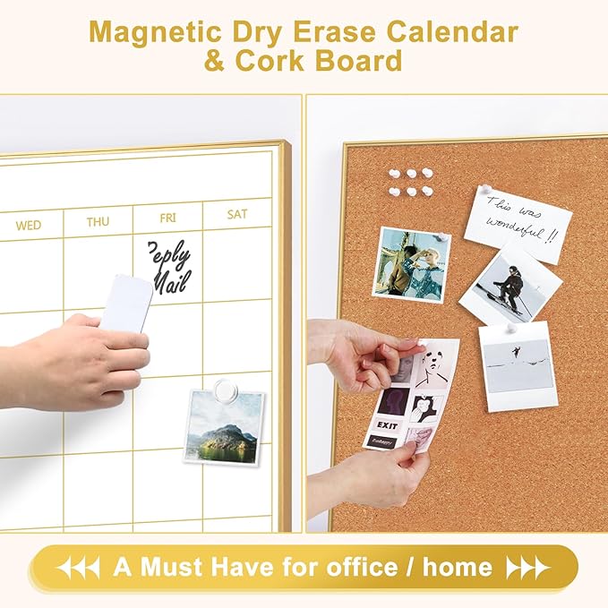 ARCOBIS Dry Erase Calendar with Cork Board, 36"x24" Magnetic White Board Calendar Dry Erase for Wall, Gold Frame Combination Board for Office, Home, School