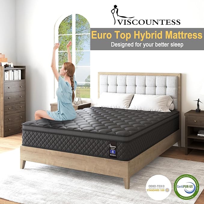 King Hybrid Mattress, 12 Inch Euro Top Mattress Medium Firm for Back & Lumbar Support, 100 Night Trial, Individual Pocket Spring Bed for Motion Isolation & Pressure Relief