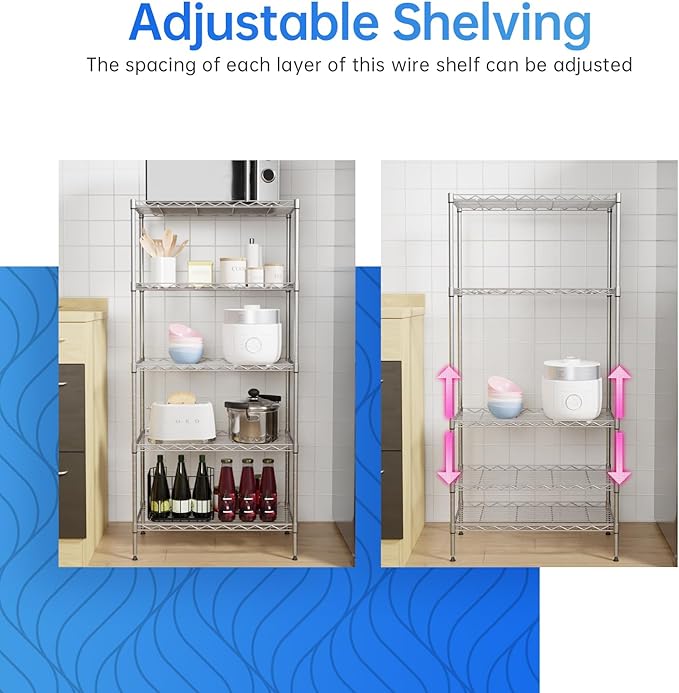 PayLessHere Shelf Metal Shelf Wire Shelving NSF Certified 5 Tier Adjustable Shelf Versatile Storage Solution Steel Organizer Wire Rack Easy Assembly, Chrome