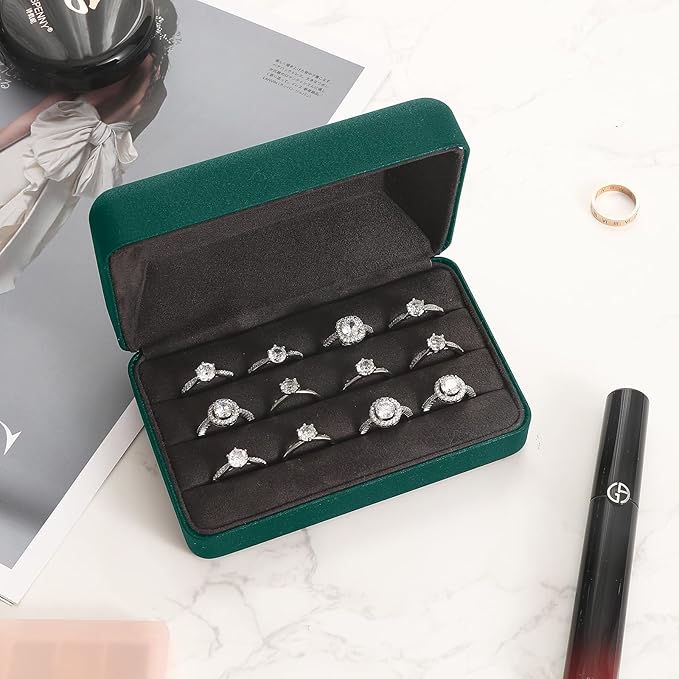 Ring Storage Boxes for Multiple Rings, Compact and Stylish Travel Jewelry case, Portable Small jewelry Organizer Box Tray Gift for Women, Girl(Green)