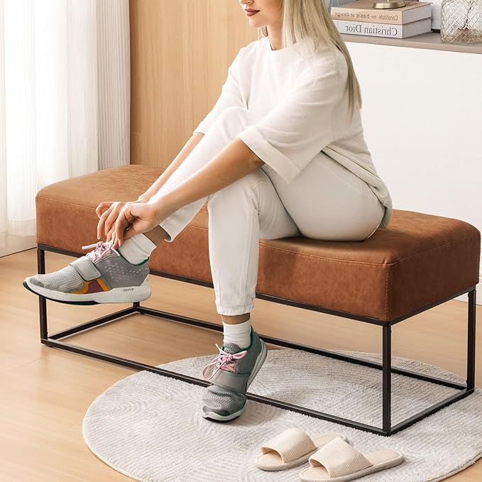 Entryway Bench for Bedroom End of Bed, Modern Ottoman with Faux Leather Upholstered Seating, Metal Frame Leather Bench for Bedroom Living Room Entryway [47'', Vintage Brown]