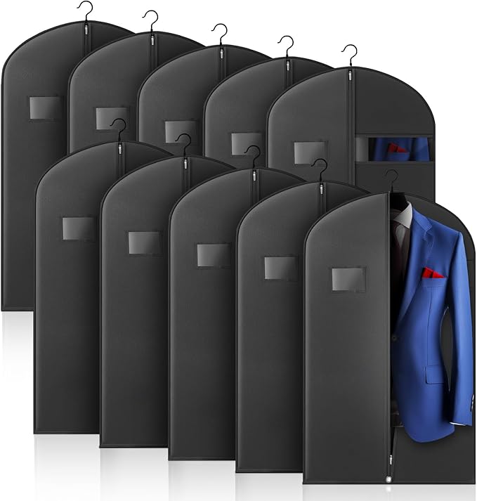 10 Pack 40-inch Garment Bags for Travel, Garment Bags for Hanging Clothes with Zipper and Visible Transparent Window，Black