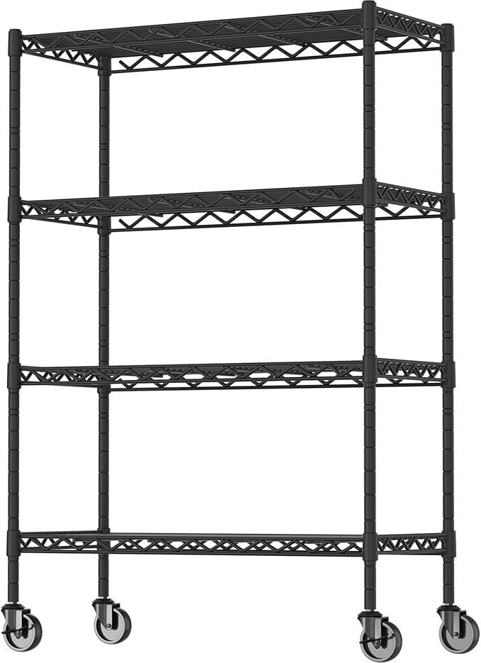 4-Shelf Adjustable Heavy Duty Storage Shelving Unit on 4 Wheel Casters, Metal Organizer Wire Rack for Laundry Bathroom Kitchen Pantry Closet, Black