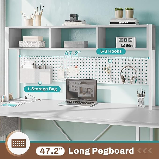 SEDETA White L Shaped Gaming Desk, Reversible Corner With Power Outlet and Pegboard, Hutch, Storage Shelf, Keyboard Tray, and LED Lights for Home Office