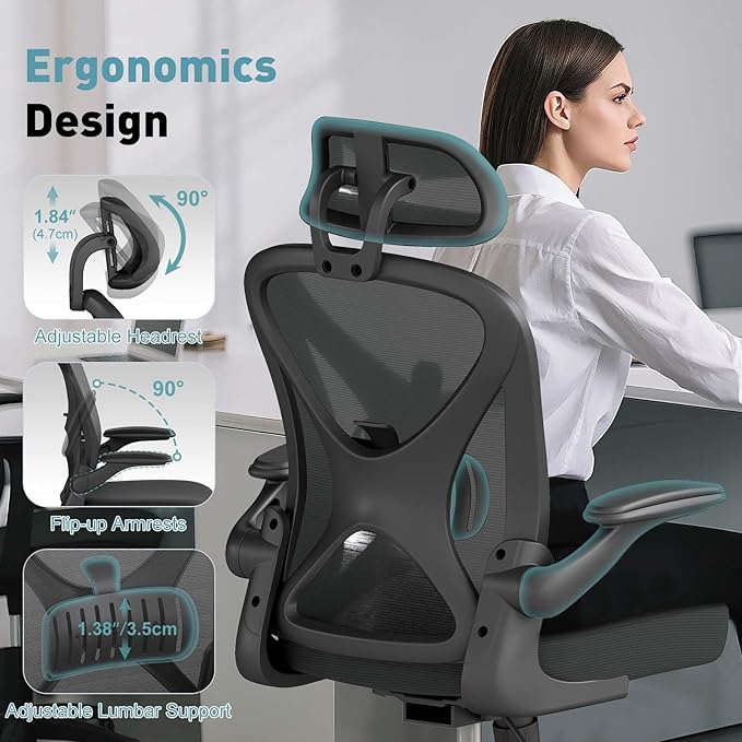 ZZH Ergonomic Office Chair with Adjustable Lumbar Support and Headrest, Mesh Home Office Desk Chair with Wheels and Flip-up Arms, Black