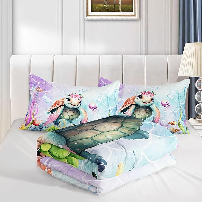 Kids Comforter Set Mermaid Scale Turtle Printed Pattern Bedding Set with 1 Comforter and 2 Pillowcases for Girls Boys Bedroom All Season(Turtle Queen)