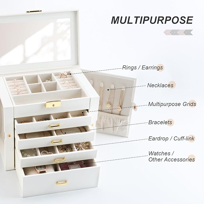 Jewelry Holder Organizer, Large Jewelry Boxes for Women, 5 Layers 4 Drawers Jewelry Box with Handle Jewelry Organizer for Earrings Rings Necklaces Bracelets, White