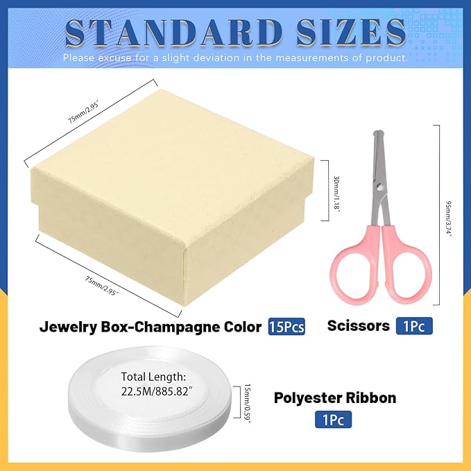 Glarks 17pcs Champagne Color 2.95 x 2.95in Jewelry Gift Boxes with Pink Scissors and White Polyester Ribbon Set, Diamond Pattern Necklace Earring Bracelet Boxes Gift Case Ideal