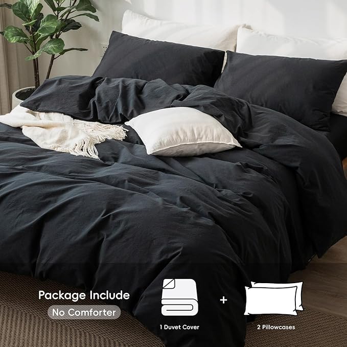 MooMee Bedding Duvet Cover Set 100% Washed Cotton Linen Like Textured Breathable Durable Soft Comfy (Solid Black, Super King Plus 120"x120")