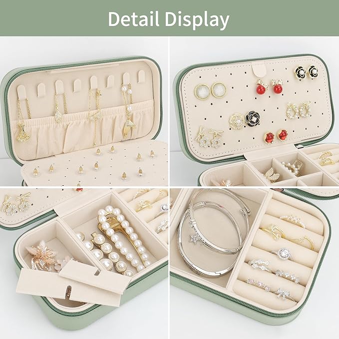 DesignSter Travel Jewelry Box, PU Leather Portable Jewelry Case, Small Jewelry Boxes for Gifts, Travel Jewelry Organizer for Women Rings Earrings Necklaces Bracelets (Avocado Green)