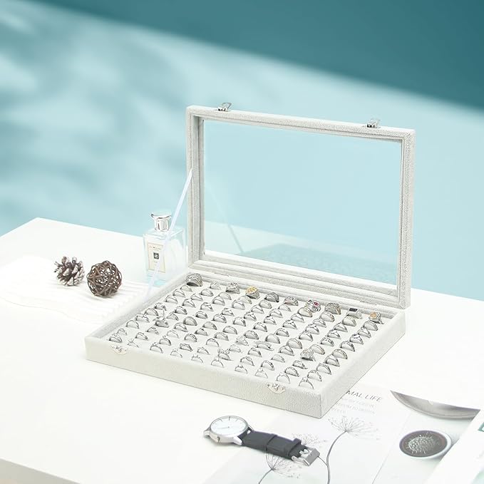 Coward Ring Organizer Jewelry Tray Box, Grey Beige Velvet 100 Slots Ring Display Tray Case with Transparent Glass Lid for Home Use or Store Selling Show