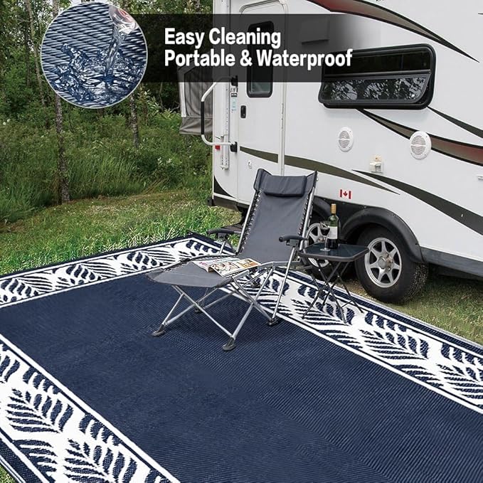 Outdoor Plastic Straw Rug, Waterproof Mat, Washable Large Floor Mat and Rug for Outdoors, RV, Beach, Patio, Camping, Backyard, Deck, Picnic, Outside (Olive-Leaf/Dark Blue&White,9x12ft)