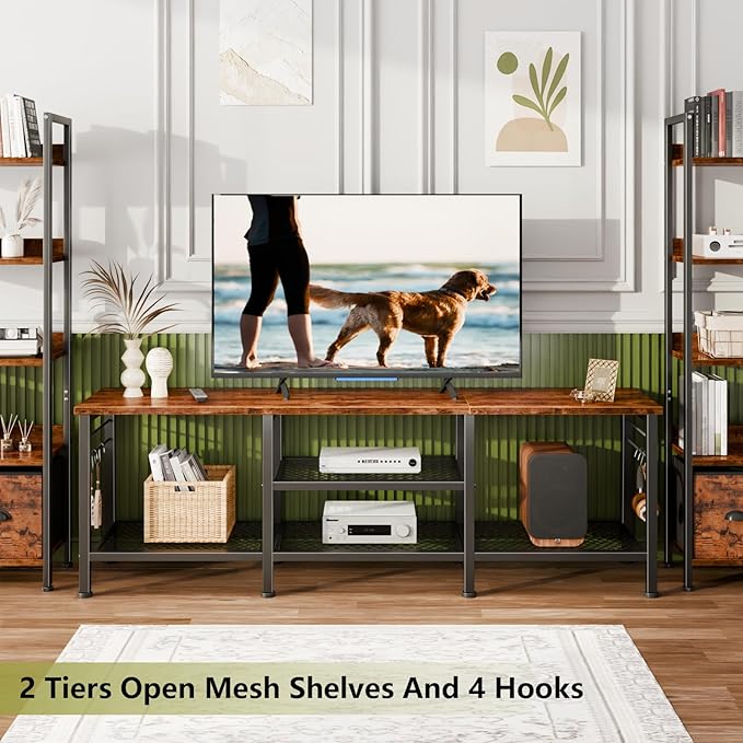 Furologee TV Stand for TVs up to 65 Inch, Entertainment Center with Open Storage Shelves, 55 Inch Television Stands with Soundbar Shelf for Living Room, Bedroom, Rustic Brown