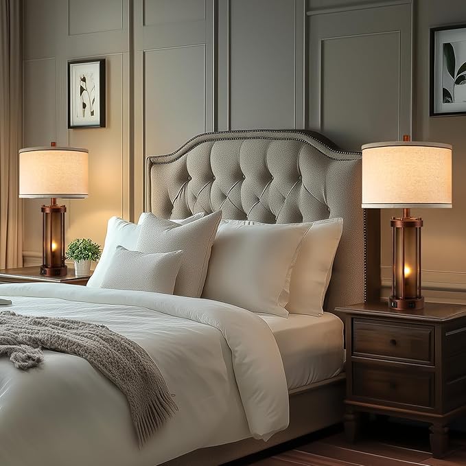 Set of 2 Farmhouse Table Lamps for Living Room, Rustic Bedside Lamps with 2 USB Charging Ports, Bedroom Nightstand Lamp with Amber Frosted Glass Nightlight, 4 Bulbs Includes