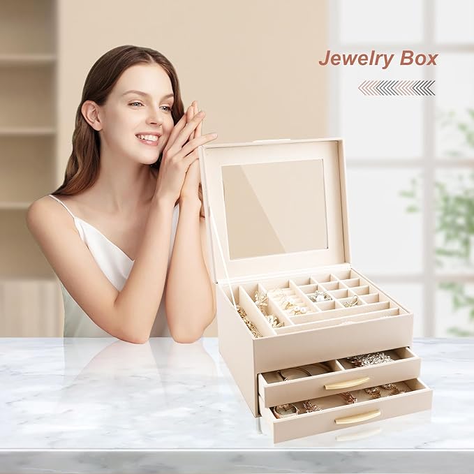 Jewelry Storage Box with Glasses Lid, 3-Tiers Jewelry Organizer Box for Women Girls, Jewelry Case for Rings, Bracelets Earrings, Necklaces (Apricot)