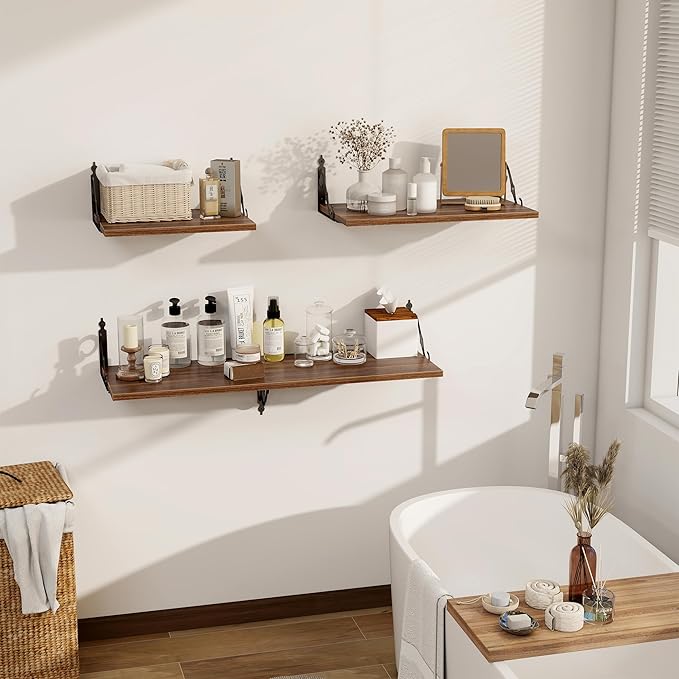 Deep Floating Shelves, 24" W x 12" D Wall Shelves Set of 2, Wide Display Shelf Wall Mounted with Brackets, Bookshelf for Living Room, Bathroom, Bedroom, Walnut