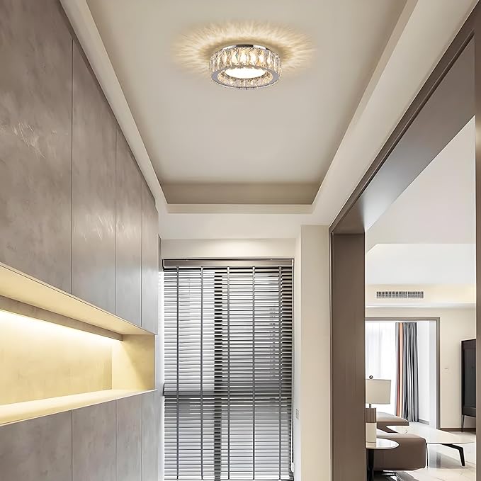 11 Inch Chrome Modern Luxury Crystal Flush Mount Ceiling Light Fixture,5CCT 3000K-6000K 24W,Round Small Dimmable Led Chandelier Hallway Lighting for Entryway,Kitchen,Bedroom,Laundry Room