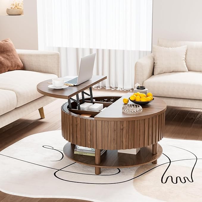 Round Lift Top Coffee Table with Storage, 31.5'' Modern 2-Tier Coffee Table with Hidden Storage Compartment and Open Shelf, Fluted Center Table for Living Room Home Office (Walnut)