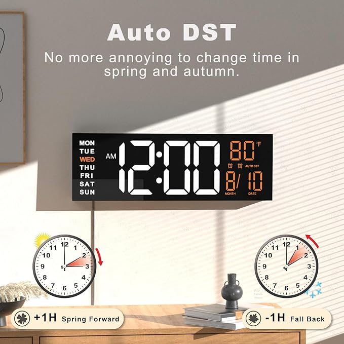 JALL 16" Large Digital Wall Mount Clock, Count Down Timer, Alarm, Big LED, RGB Color, DST, Temperature for Living Room Classroom Desk, Xmas, Birthday Gift for Senior Mom Dad (White Orange, 16 inches)