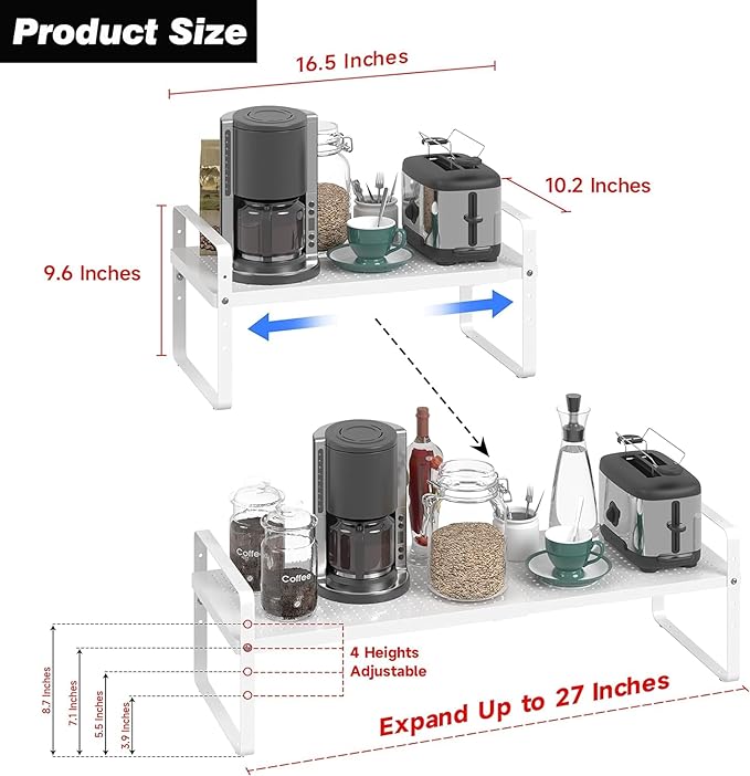 Expandable Kitchen Cabinet Shelf Organizer Rack Heavy Duty Metal Spice Rack Stackable Kitchen Counter Storage Shelf for Kitchen Cabinet Pantry Bathroom (White - 16.5"-27" L x 10.2" W x 9.6" H - 3Pack)