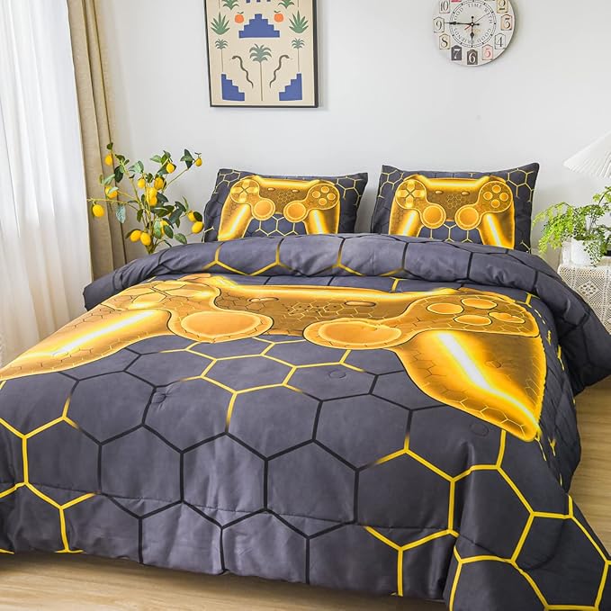 NTBED Gold Game Console Comforter Set Queen for Boys Girls Kids 3D Gaming Geometric Lightweight Microfiber Bedding Sets