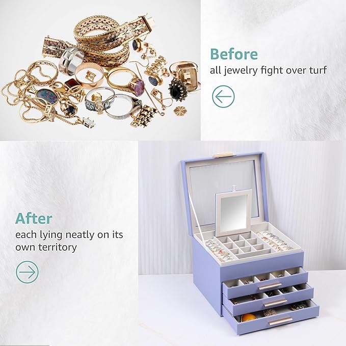 BOOVO Clear Lid Jewelry Box,4 Layers Jewelry Organizer Large Jewelry Storage Box with 3 Drawers,Jewelry Holder Organzier of Rings Earrings Necklace Bracelets for Women (Purple, 4 Layer)