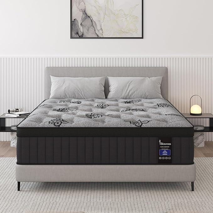 Full Mattress, 9 Inch Hybrid Mattresses Bed in a Box with Gel Memory Foam & Pocket Spring, Euro Top, Medium Firm for Back Support & Pressure Relief, Motion Isolation, Grey