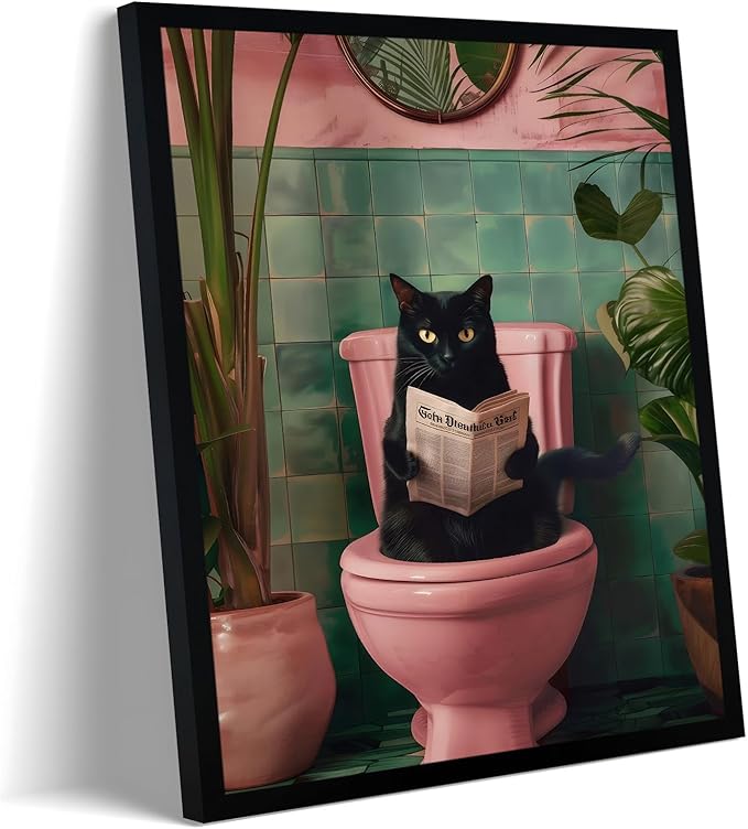 Framed Vintage Cat Canvas Wall Art, Funny Pink Animal Reading Books Painting Picture Print, Cute Kitten Lovers Aesthetic Wall Decor for Nursery Girls Room Bedroom Kids Room 16''L x 12''W
