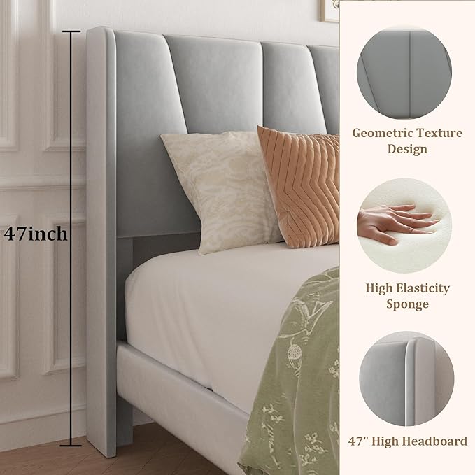 Queen Bed Frame with Storage Drawers, Upholstered Queen Size Platform Bed with 47" Tall Headboard and Wingboard, No Box Spring Needed, Noise Free, Easy Assembly, Wooden Support Slats, Light Grey