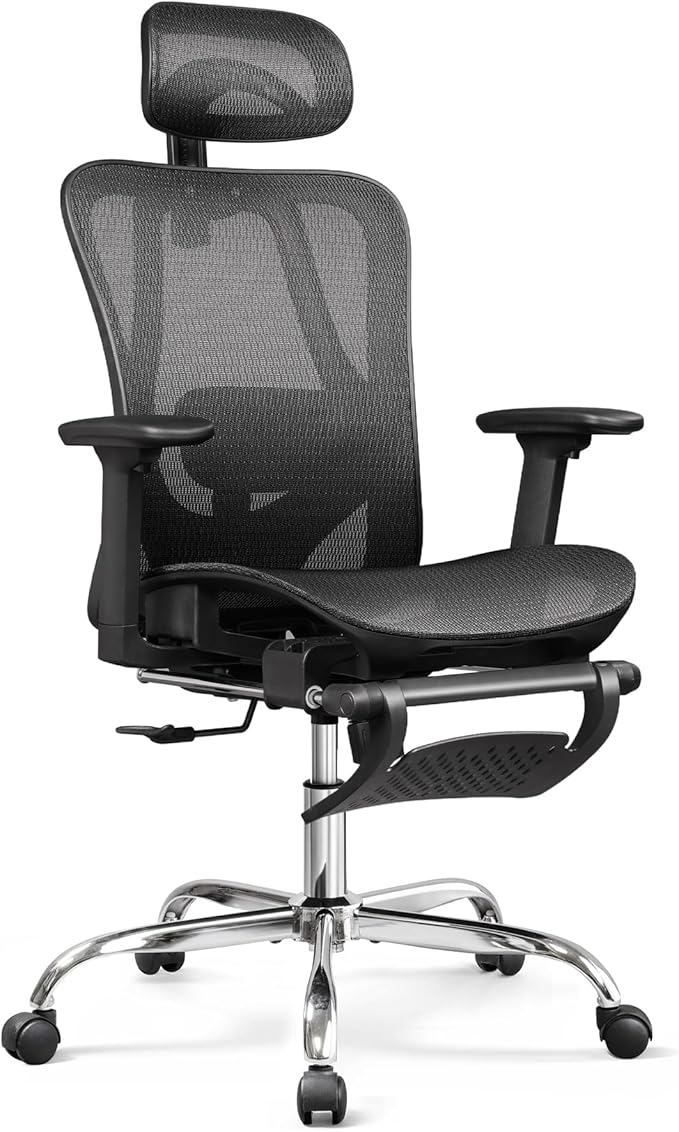 DEVAISE Ergonomic Mesh Office Desk Chair, Retractable Footrest and Adjustable Lumbar Support, Comfy High Back Reclining Computer Gaming Chair, Tilt Function, Heavy Duty, SGS Class 4 Gas Lift, Black