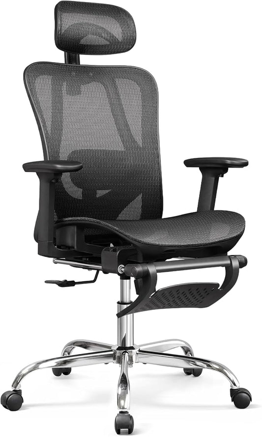 DEVAISE Ergonomic Mesh Office Desk Chair, Retractable Footrest and Adjustable Lumbar Support, Comfy High Back Reclining Computer Gaming Chair, Tilt Function, Heavy Duty, SGS Class 4 Gas Lift, Black