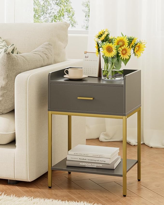 Masupu Grey Nightstand,3-Tier Modern Bedside Table Night Stand with Storage Drawer and Shelf,Small End Side Table for Bedroom,Living Room,(Without Outlet,)