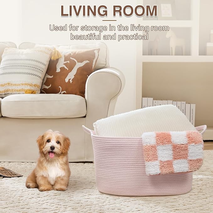 Large Laundry Hamper Blanket Basket，21.6''×14.9''×19.6'' Cotton Rope Woven Laundry Basket for Organizing, Rectangle Toy Basket for Living Room, Bedroom