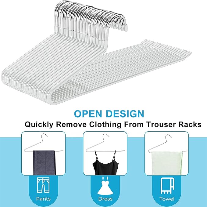 Devesanter 20 Pack Open-Ended Metal Pants Hangers - Durable, Non-Slip Coating, Space Saving, Easy Use Coat Hangers for Short Skirts, Pants, Jeans, Slacks, Blankets (White)