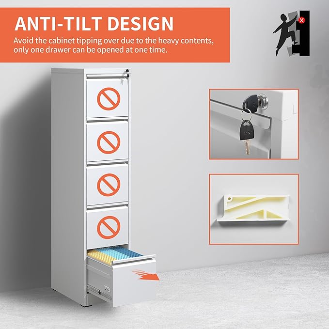 5 Drawer File Cabinet,Metal Filing Cabinets for Home Office,Vertical File Cabinet with Lock,Heavy Duty Metal Storage Cabinet for A4/Letter/Legal Size Files,Assembly Required