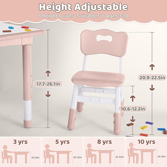 Kids Table and 4 Chairs Set, Height Adjustable (17.7"-26.1") Toddler Table and Chair Set, Multi-Activity Table with Graffiti Desktop, Children’s Table and Chairs for Classroom, Home & Daycare