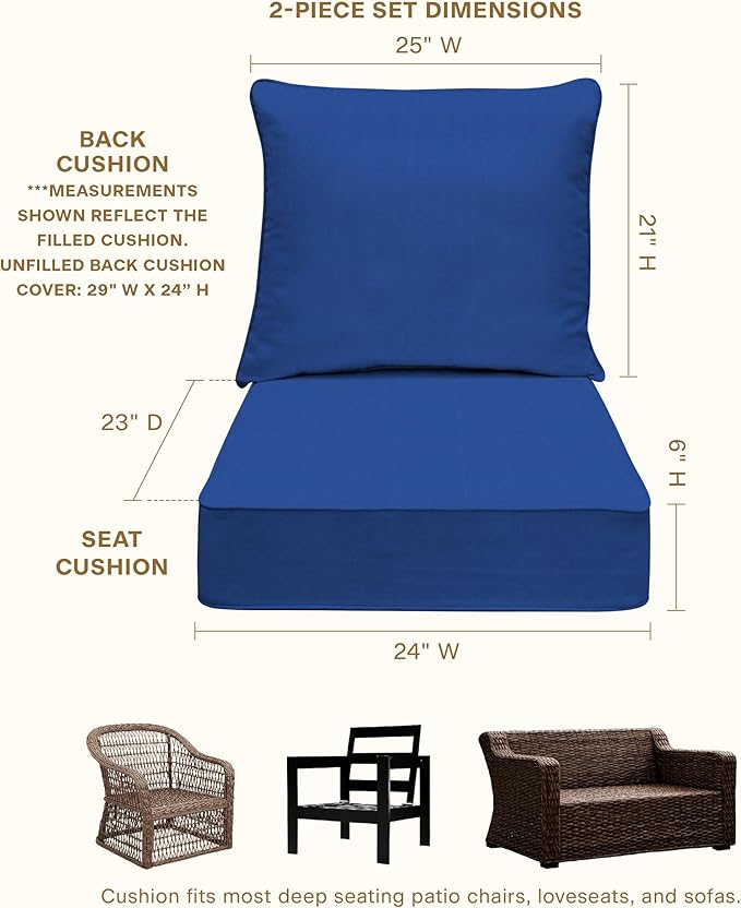 Honeycomb Outdoor Deep Seat, 24 x 23, Textured Solid Sapphire Blue Chair Cushion for Patio Furniture