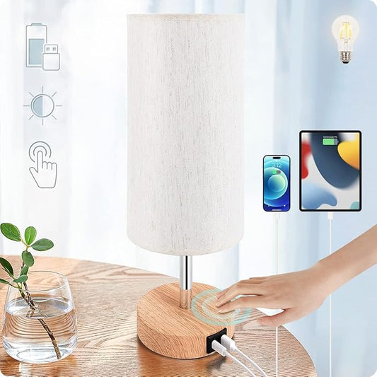 Yarra-Decor Bedside Lamp with USB A+C Port - Touch Control Table Lamp for Bedroom Wood 3 Way Dimmable Nightstand Lamp with Round Flaxen Fabric Shade for Home Office (LED Bulb Included)