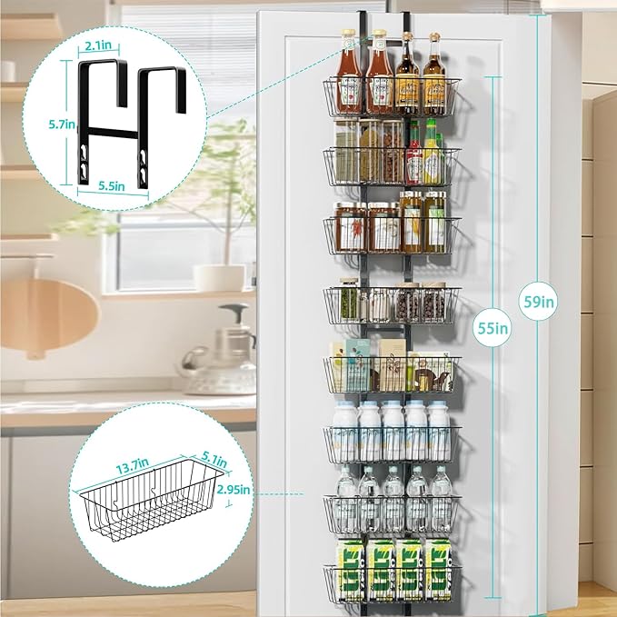 8-Tier Over the Door Organizer with Baskets - Metal Spice Rack Hanging Storage Rack for Pantry, Kitchen, Spices & Laundry, Adjustable Shelves, Heavy Duty Hanging Storage Organizer Door Mount, Black