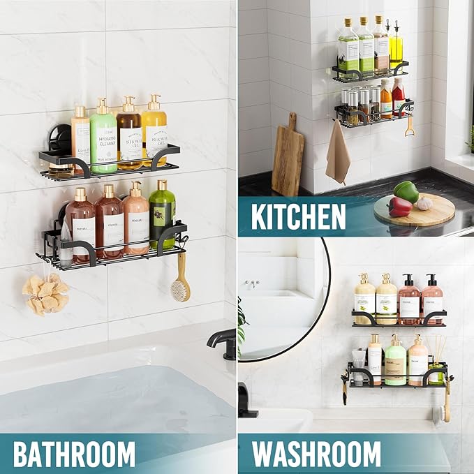 TAILI Shower Caddy Suction Cup 2 Pack, Heavy Duty Bathroom Basket, Bath Shelves for Inside, Stainless Steel Shower Holder Organizer for Bathroom Storage & Home Decor, No Drilling,Black