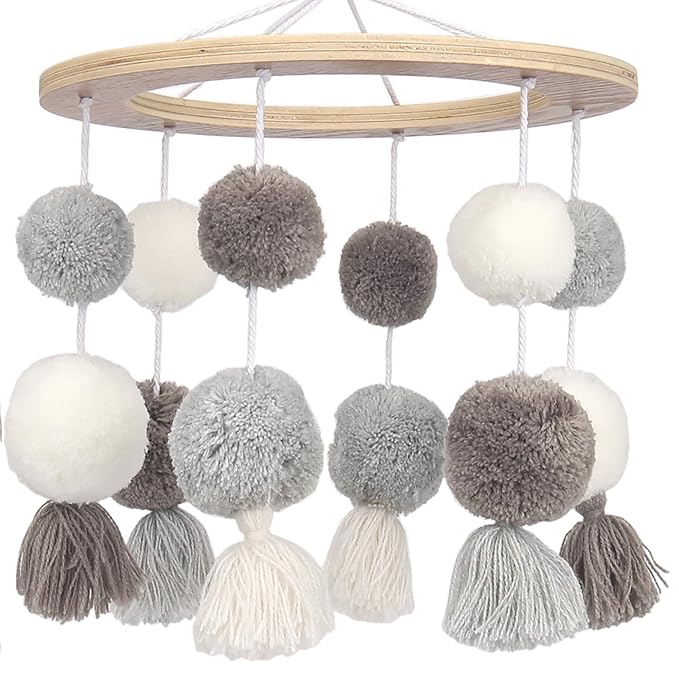 Lambs & Ivy Signature Pom Pom Musical Baby Crib Mobile - White/Gray