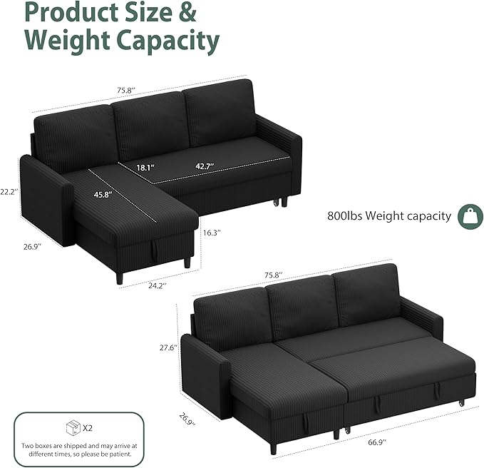 Sofa Bed Sleeper Pull Out 2 in 1 Sectional Sleeper Sofa Couches with Storage, Pullout Sectional Couches for Apartment Living Room,Black