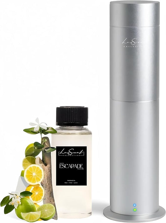 Aroma Scent Diffuser Starter Kit for Up to 1000SQ. FT. Coverage - 120ML Waterless Essential Oil Scent Included - Luxury Aroma Diffuser Ideal for Home, Office & Hotel (Silver, Escapade)